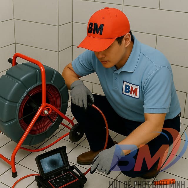 Kỹ thuật viên Bình Minh sử dụng máy lò xo xử lý tắc cống không đục phá