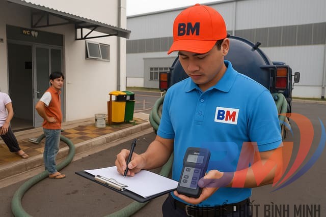 Nhân viên Bình Minh khảo sát bể phốt trước khi báo giá