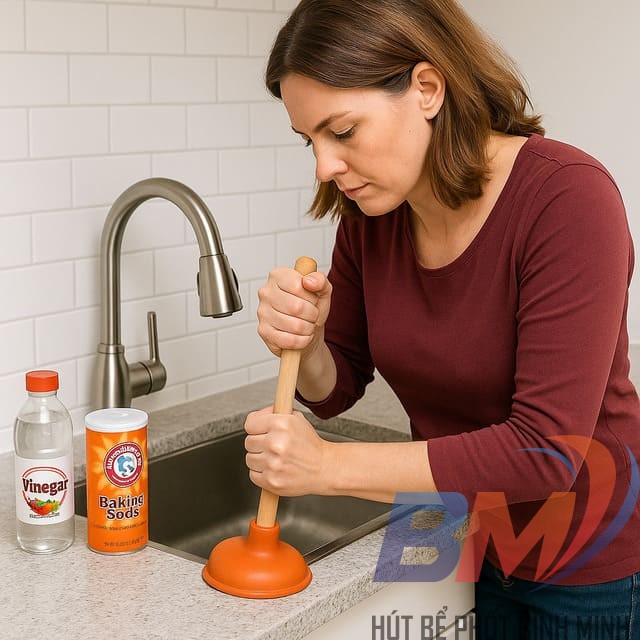 Cách thông cống nghẹt tại nhà bằng pittong và baking soda