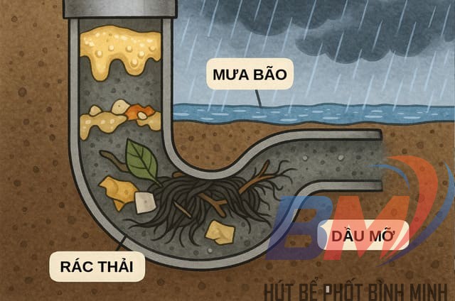 Nguyên nhân cống nghẹt thường gặp tại Khánh Hòa như dầu mỡ, rác thải, mưa bão