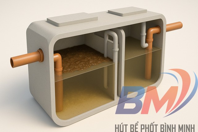 Sơ đồ cấu tạo bể phốt 3 ngăn gồm ngăn chứa, ngăn lắng và ngăn lọc