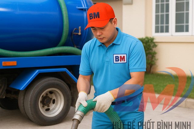 Kỹ thuật Hút bể phốt Bình Minh viên kiểm tra nắp bể phốt và xử lý mùi hôi.