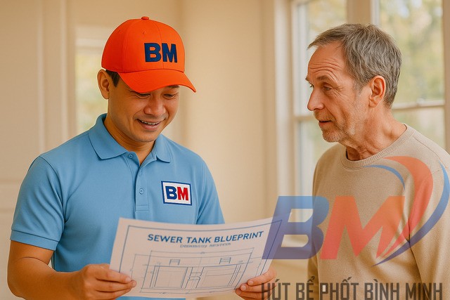 Kỹ thuật tư vấn cho khách hàng về bản vẽ và cách bảo trì hệ thống tự hoại tại nhà.