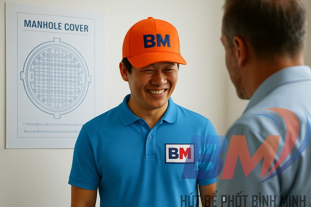Kỹ thuật viên Hút bể phốt Bình Minh tư vấn khách hàng về cấu tạo và bảo trì hố ga