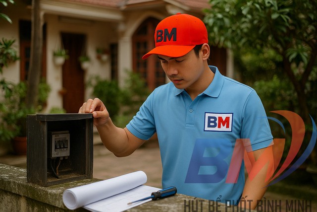 Kỹ thuật viên Hút bể phốt Bình Minh kiểm tra vị trí nắp bể phốt