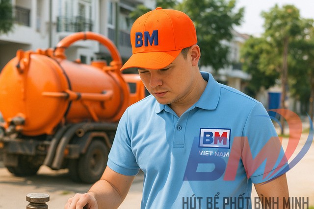 Nhân viên Hút bể phốt Bình Minh đang nạo vét hố ga thoát nước thải