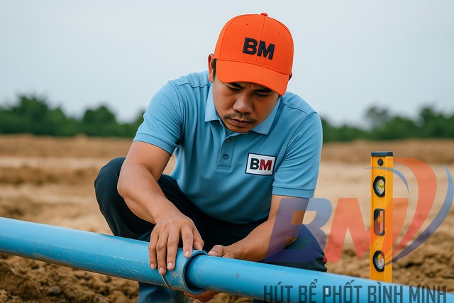 Nhân viên Bình Minh đang lắp đặt ống PVC Φ110 mm theo bản vẽ đặt ống