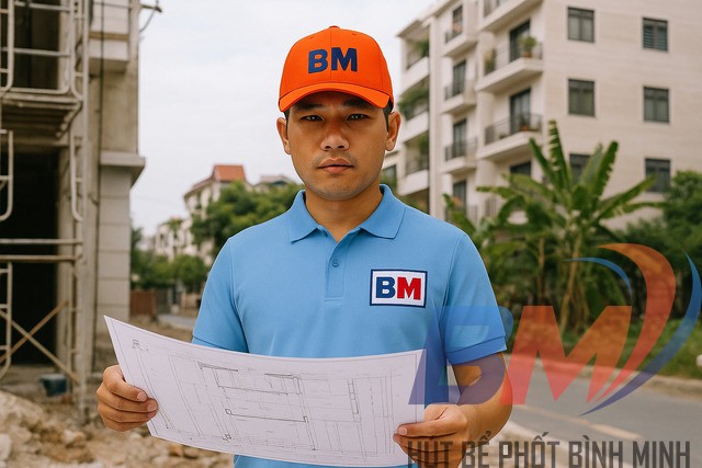 Kỹ thuật viên Hút bể phốt Bình Minh đang xem bản vẽ đặt ống bể phốt 3 ngăn