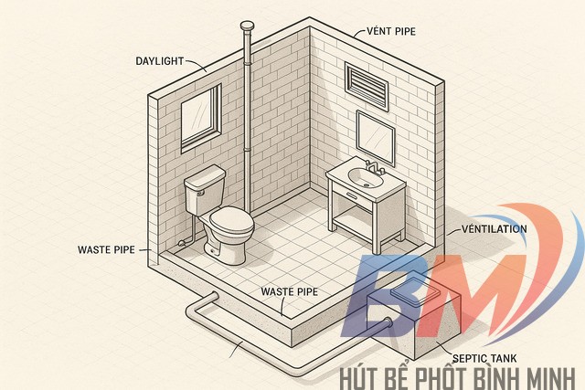 Bản vẽ tổng thể nhà vệ sinh tự hoại 3 ngăn kèm sơ đồ đường ống