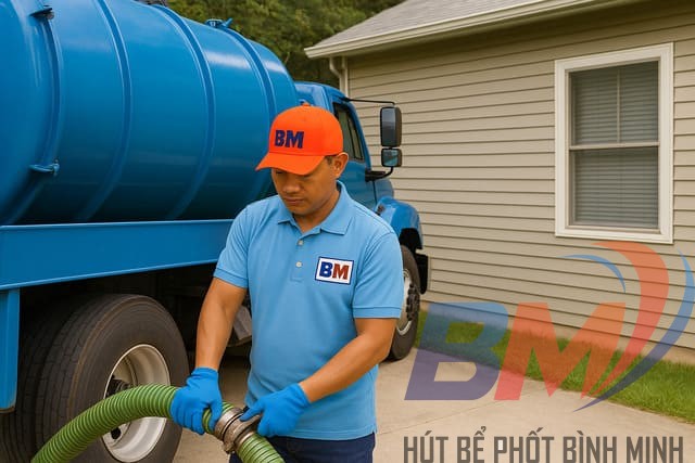 Xe hút bể phốt Bình Minh đang làm việc tại nhà dân