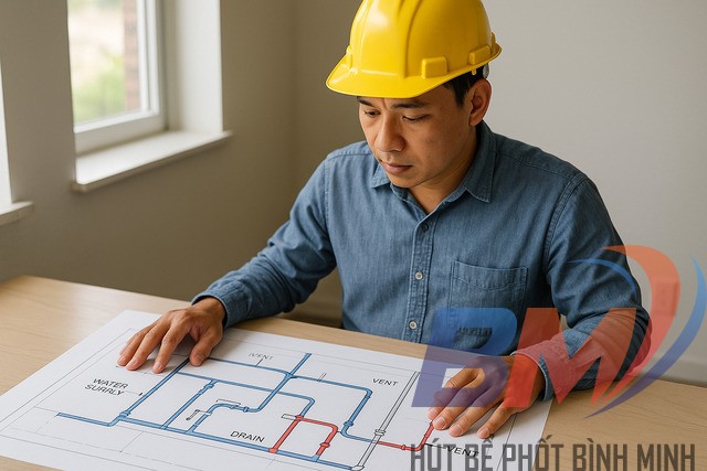 Bản vẽ thể hiện vị trí đường ống cấp – thoát và các điểm kỹ thuật quan trọng