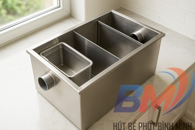 Bể tách mỡ 3 ngăn tiêu chuẩn giúp giữ rác – tách mỡ – bảo vệ đường ống.