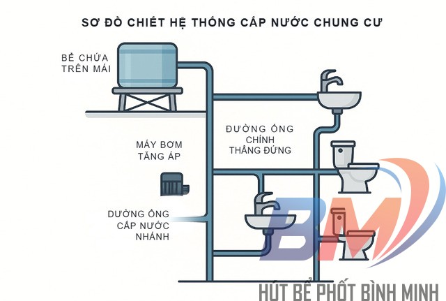 Sơ đồ hệ thống cấp nước chung cư dẫn nước sạch xuống từng căn hộ.