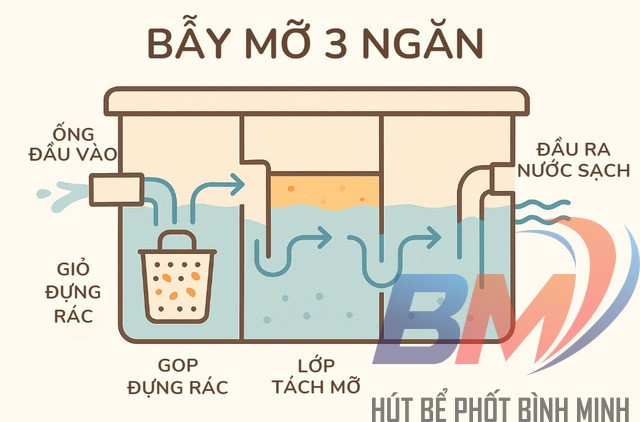 Sơ đồ nguyên lý 3 ngăn giúp hình dung rõ cách bể tách mỡ hoạt động.