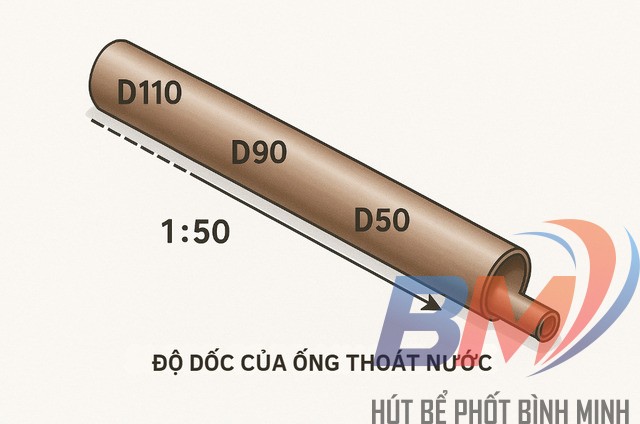 Độ dốc và kích thước ống là hai tiêu chí quan trọng để tránh tắc và ngăn nước chảy ngược.