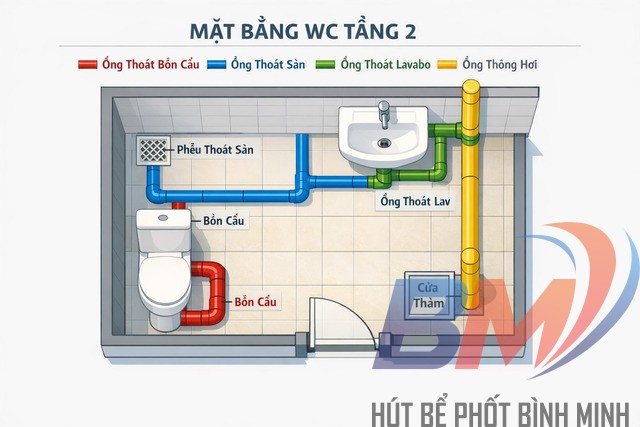 Sơ đồ nguyên tắc: tách thoát phân – thoát nước xám, có thông hơi và cửa thăm.