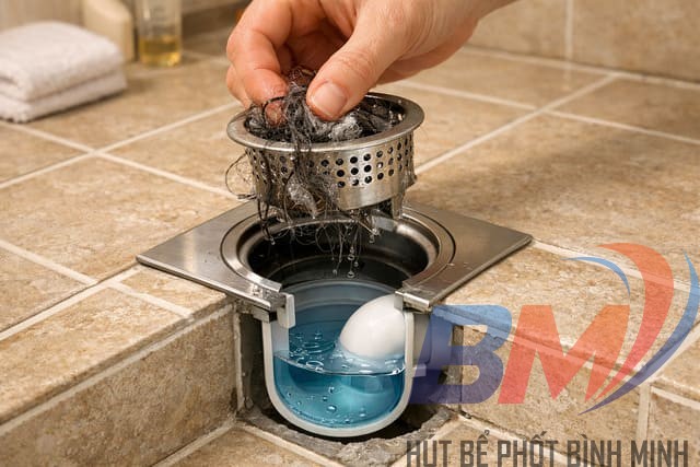 Thoát sàn có bẫy nước và lưới lọc giúp giảm mùi, giảm nghẹt tóc.