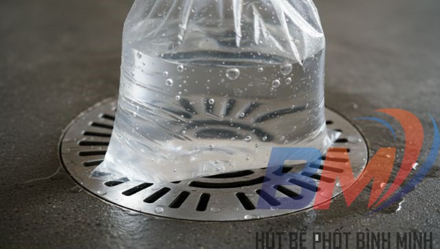 Bài test khoanh vùng mùi hôi phễu thu sàn bằng túi nilon.