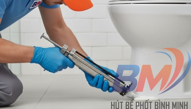 Thợ kỹ thuật miết keo dán khe hở gioăng cao su bồn cầu chống hôi.